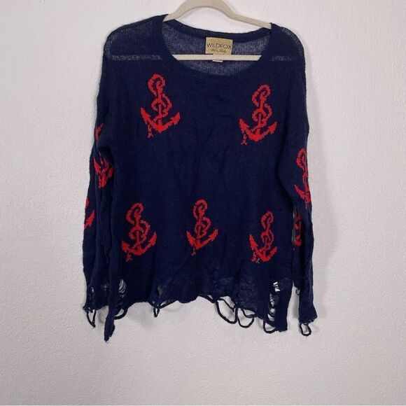 Wildfox White Label Navy Blue with Red Anchor Print Distressed Hem Sweater - Picture 1 of 6